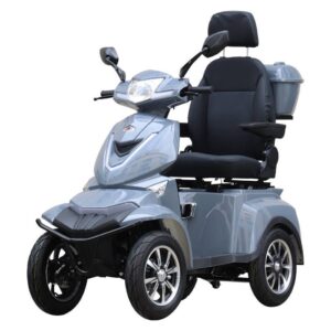 De Killerbee Move SF1000 4-wiel Scootmobiel heeft een strak grijs design, een luxe, verstelbare, gevoerde stoel, een opbergvak aan de achterkant, een stuur met spiegels en een koplamp aan de voorkant voor comfortabel en efficiënt vervoer.