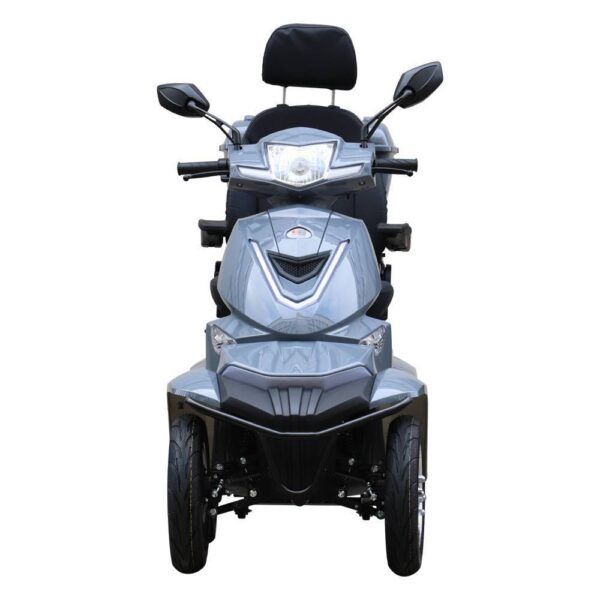 Een vooraanzicht van de grijze Killerbee Move SF1000 4-wiel Scootmobiel toont de hoofdsteun, het strakke design, de spiegels, de bedieningselementen op het stuur en het verstelbare, luxe, comfortabele zadel.