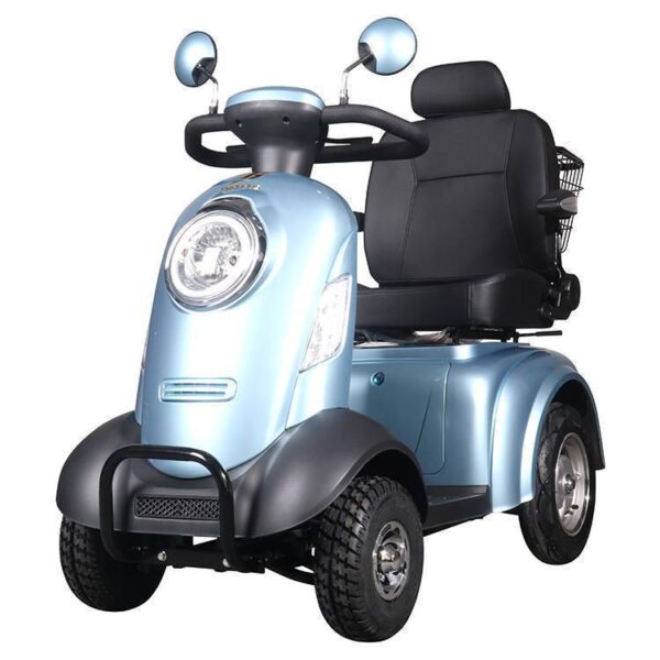 De Move Mini-on is een blauwe, 4-wielige scootmobiel met een zachte zitting en rugleuning, een klein mandje, zijspiegels, koplamp, stuur en voorbumper.