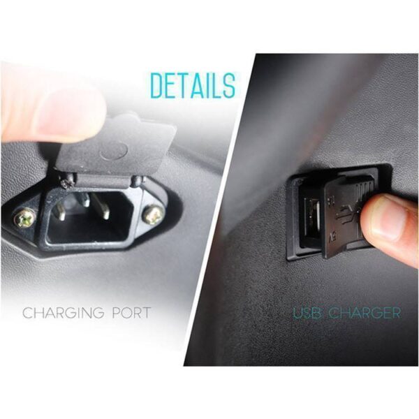 Close-up van twee afbeeldingen: links ziet u een hand die een klepje opent waardoor een oplaadpoort zichtbaar wordt met het label CHARGING PORT (OPLAADPOORT), en rechts ziet u een hand die een USB-apparaat in de poort van de Move Mini-on - 4 wiel scootmobiel steekt met het label USB CHARGER (USB-OPLADER).