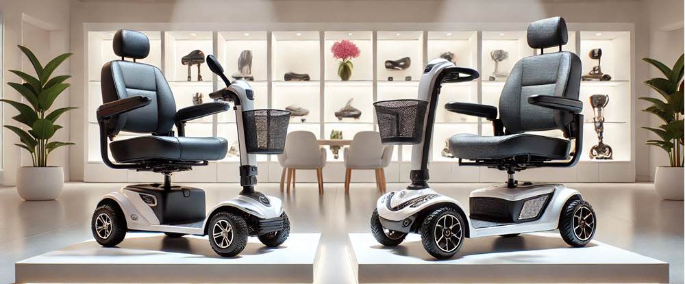 Twee scootmobielen naast elkaar: een basisvariant en een luxevariant met meer comfort.