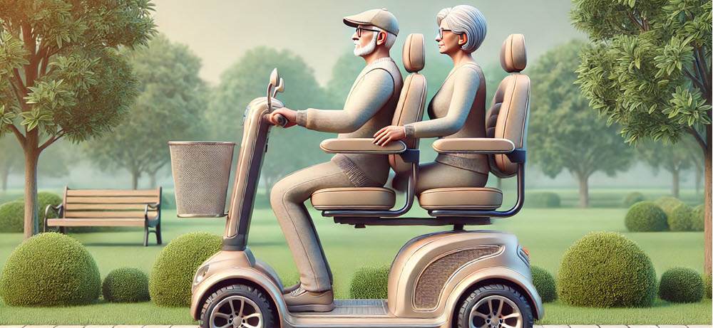 Een tweepersoons scootmobiel met twee zitplaatsen naast elkaar