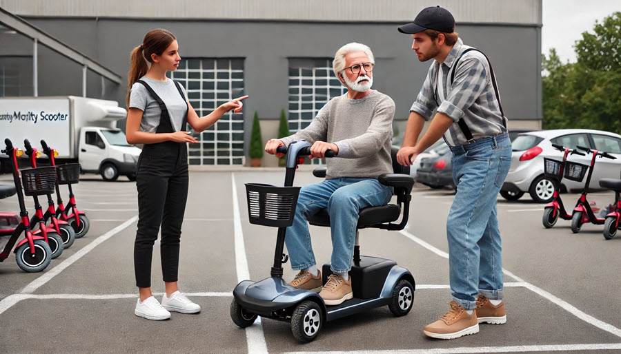 Een beginnende scootmobielrijder die op een parkeerterrein een proefrit maakt, geobserveerd door een verkoper.