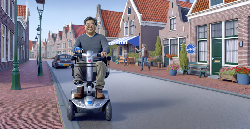 Gebruiker op een scootmobiel in een Nederlandse woonwijk, zelfstandig onderweg dankzij een Wmo scootmobiel vergoeding