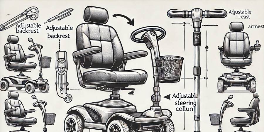 Diagram van een scootmobiel met een verstelbare stoel en stuurkolom, met pijlen die de aanpasbare onderdelen aangeven