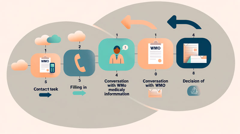 Infographic van het Wmo scootmobiel aanvraagproces met stappen van contact tot gemeentelijke beslissing.