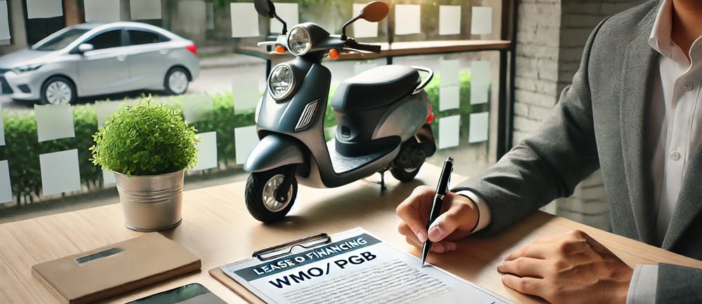 Persoon die een financieringscontract ondertekent voor een driewielscooter, verwijzend naar WMO/PGB en lease-opties