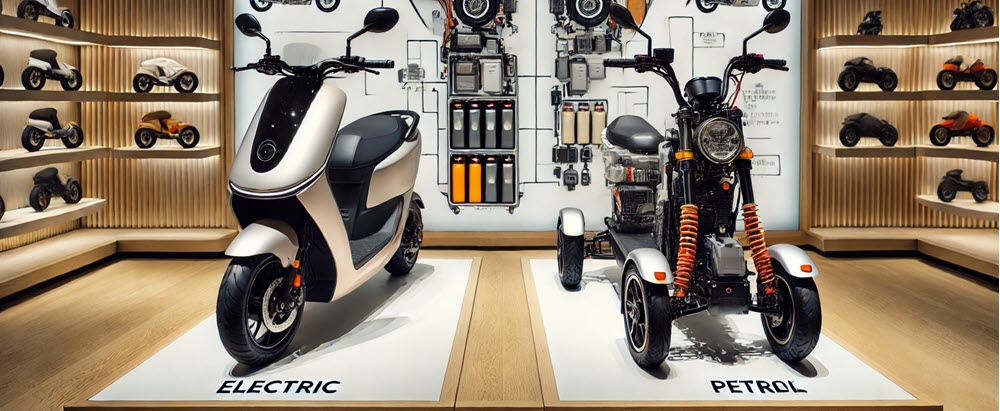 Vergelijking van een elektrische en een benzine driewielscooter in een showroom, toont belangrijkste verschillen in motor en accu