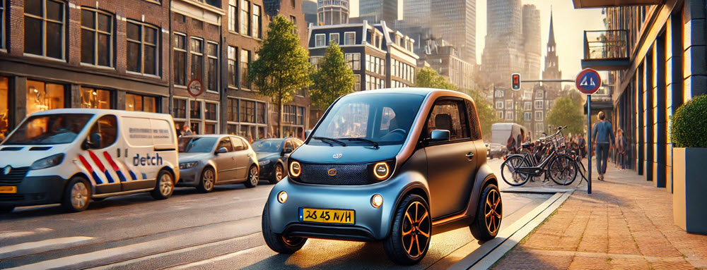 Elektrische 45 km brommobiel geparkeerd in een Nederlandse stad, compact en milieuvriendelijk vervoer