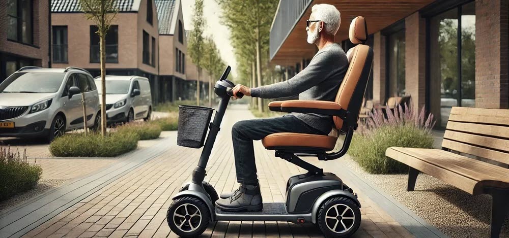 afbeelding van een moderne scootmobiel met ergonomische stoel en verstelbare armleuningen in een lichte buitenomgeving