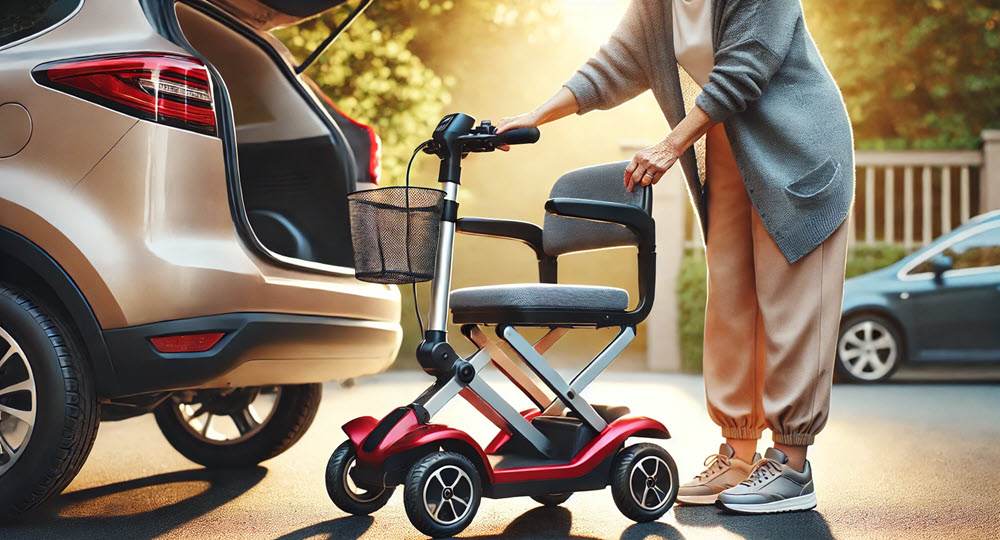 Persoon vouwt een lichtgewicht, opvouwbare scootmobiel in naast de auto voor compact vervoer