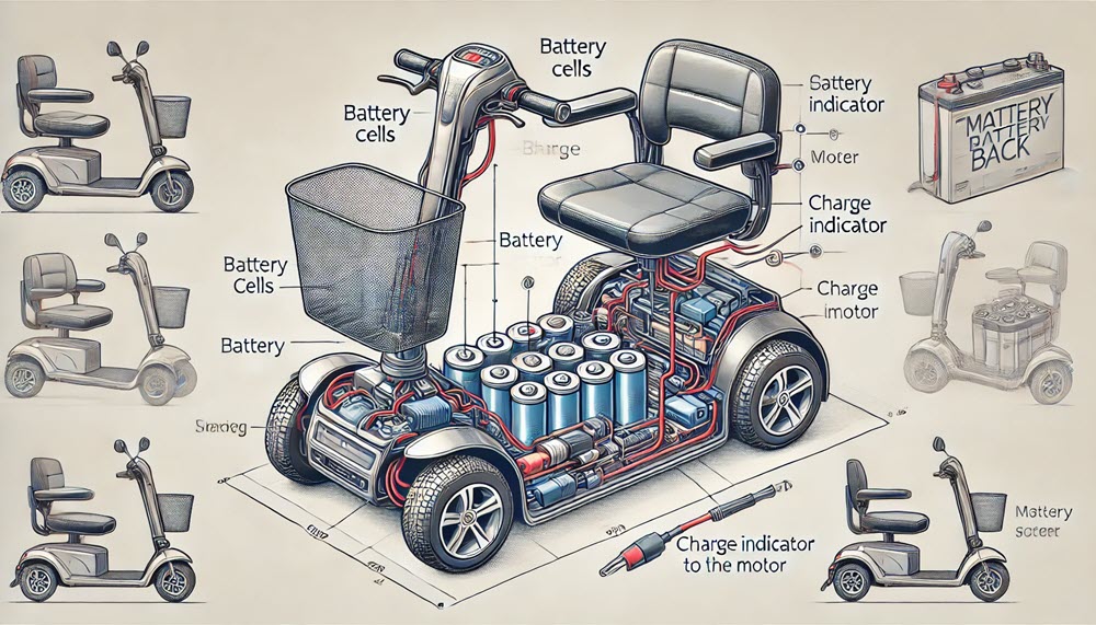 Schematische weergave van een scootmobiel-accupack met laadindicator en kabels voor uitleg over bereik en afstand.