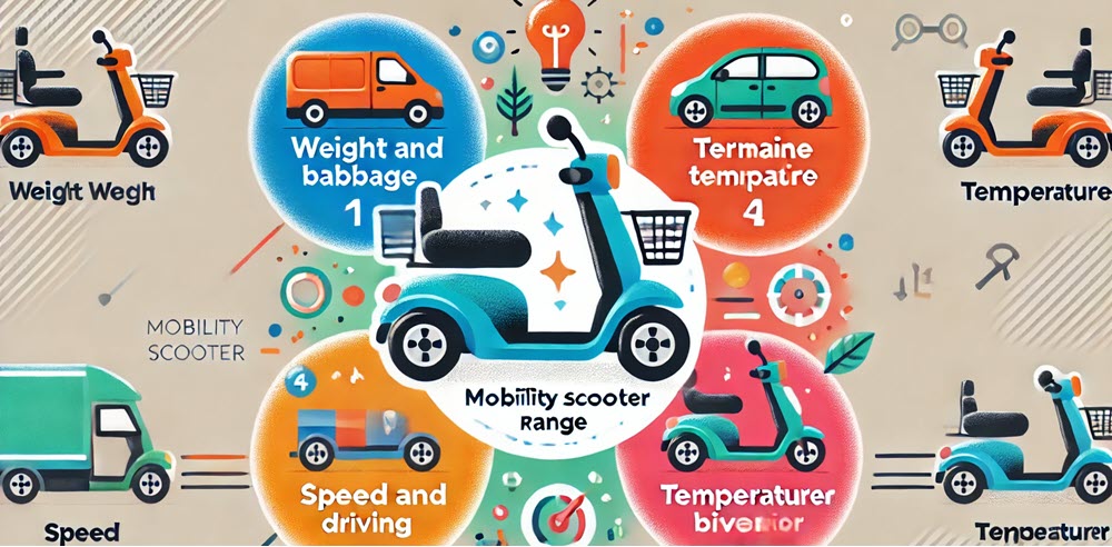 Infographic die gewicht, terrein, temperatuur en snelheid toont als belangrijkste factoren voor scootmobiel actieradius