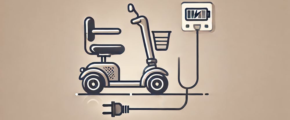 Schematische afbeelding van een scootmobiel aan de lader met een zichtbare laadindicator, benadrukkend slim laadgedrag