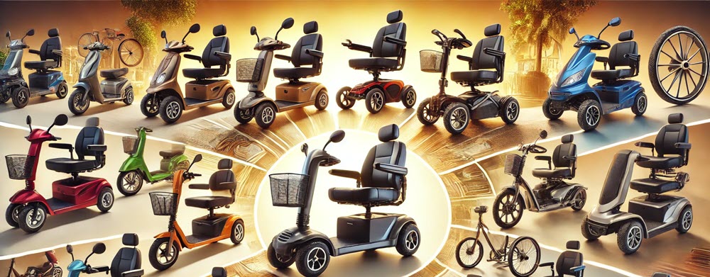 Collage van verschillende scootmobielmodellen met variaties in actieradius, comfort en snelheid