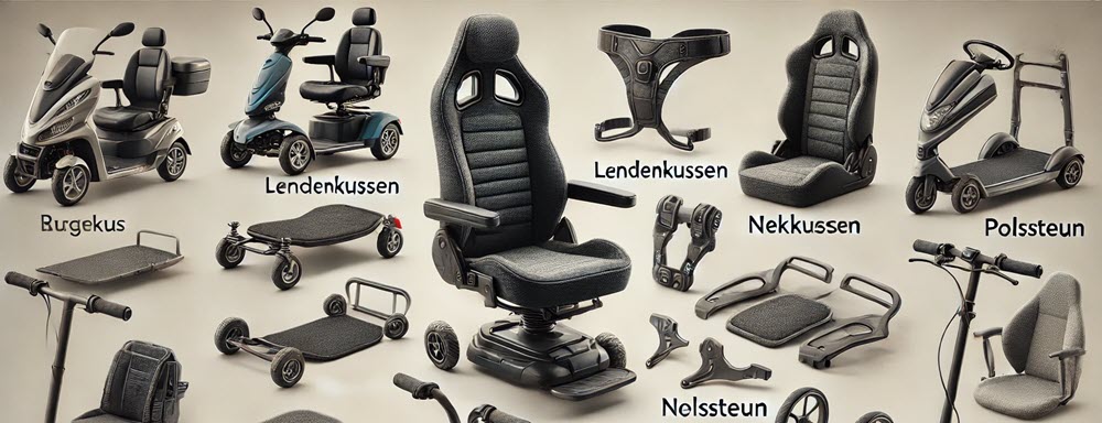 Collage van ergonomische scootmobielaccessoires, waaronder kussens, polssteunen, en een draaibare stoel, voor extra rijcomfort.