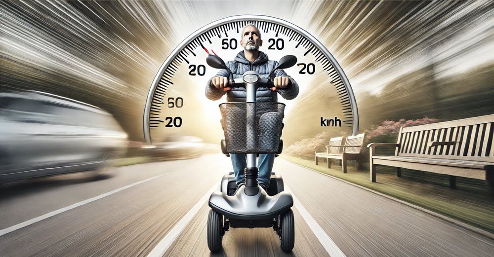 Scootmobiel rijdend op een fietspad met zichtbaar hogere snelheid rond 15–20 km/u en snelheidsmeter in beeld