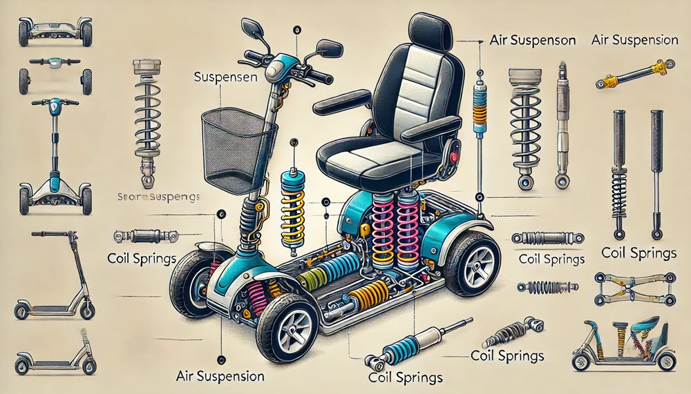 Technische illustratie van een scootmobiel met focus op veersystemen, schokdempers en ergonomisch ontwerp voor hogere snelheid