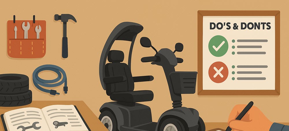 Doe-het-zelf reparatie van een scootmobiel met gereedschap en checklist voor veilig onderhoud.
