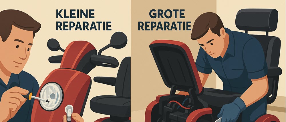 Illustratie van kleine en grote scootmobiel reparaties, van lampvervanging tot motorvervanging.