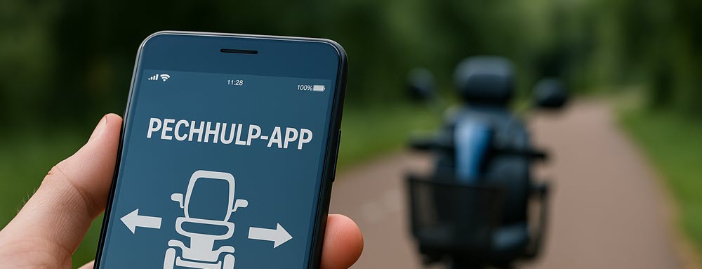 Gebruiker opent een pechhulp-app op de smartphone voor directe scootmobiel pechhulp, met een scootmobiel op de achtergrond