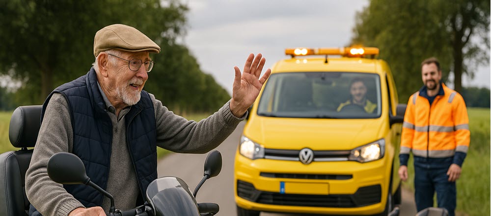 Senior met een scootmobiel die pech heeft langs de weg, geholpen door een scootmobiel pechhulpdienst