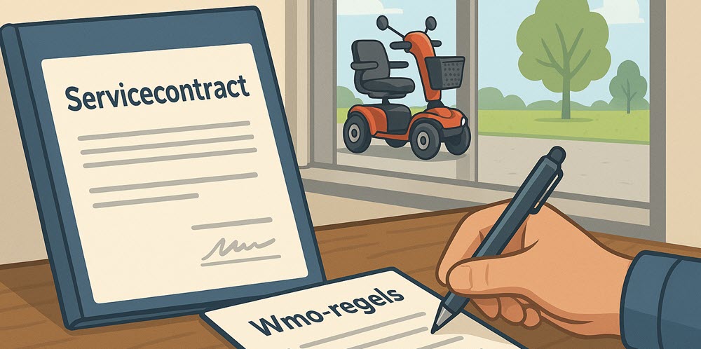 Servicecontract ondertekening voor scootmobiel met Wmo-regels in beeld, scootmobiel staat op de achtergrond