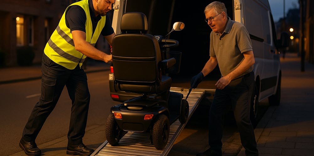 Monteur laadt een scootmobiel in een busje voor transport, als onderdeel van 24/7 scootmobiel pechhulp