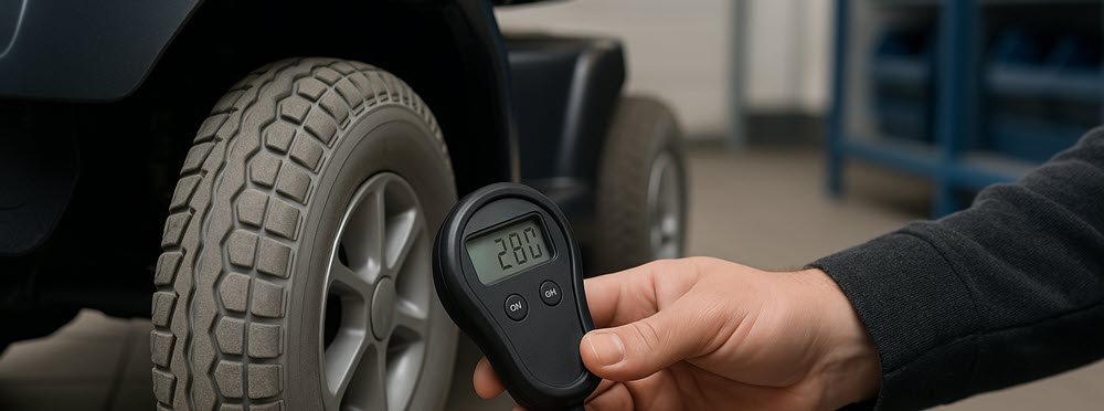 Close-up van het meten van de bandenspanning van een scootmobiel met een bandenspanningsmeter.