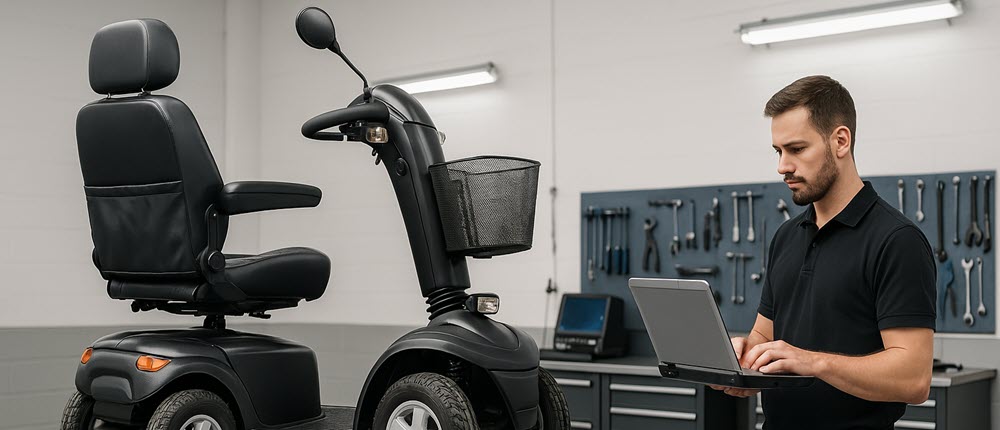 Scootmobiel op een hefbrug tijdens een professionele jaarlijkse onderhoudsbeurt in de garage