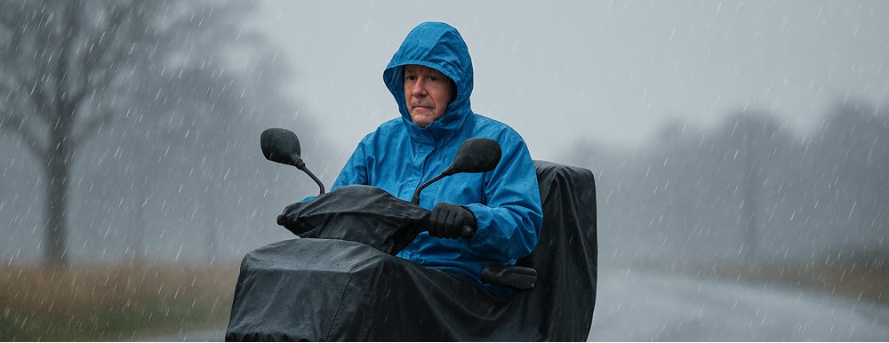 Scootmobielgebruiker rijdt veilig in de regen met regenjas en waterdichte beschermhoes