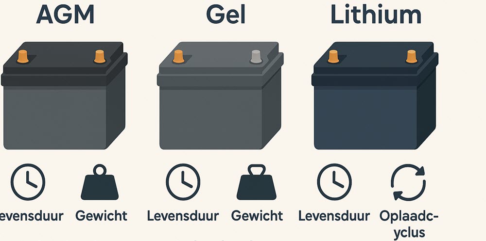 Illustratie van AGM-, Gel- en Lithium-accu’s voor scootmobielen met kenmerken en levensduur.