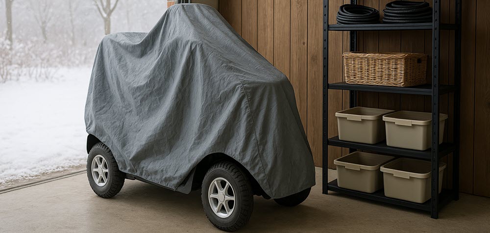 Scootmobiel beschermd in een vorstvrije garage met ademende hoes voor winterse opslag.