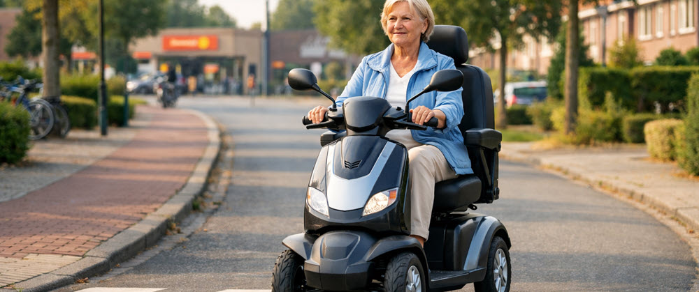Thogo scootmobiel in gebruik: comfortabele zithouding en zelfstandig rijden in de buurt