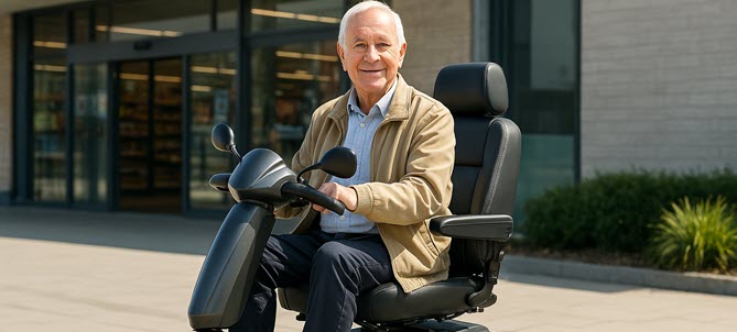 Wat is een scootmobiel – moderne scootmobiel met bestuurder in stadsomgeving voor uitleg en introductie