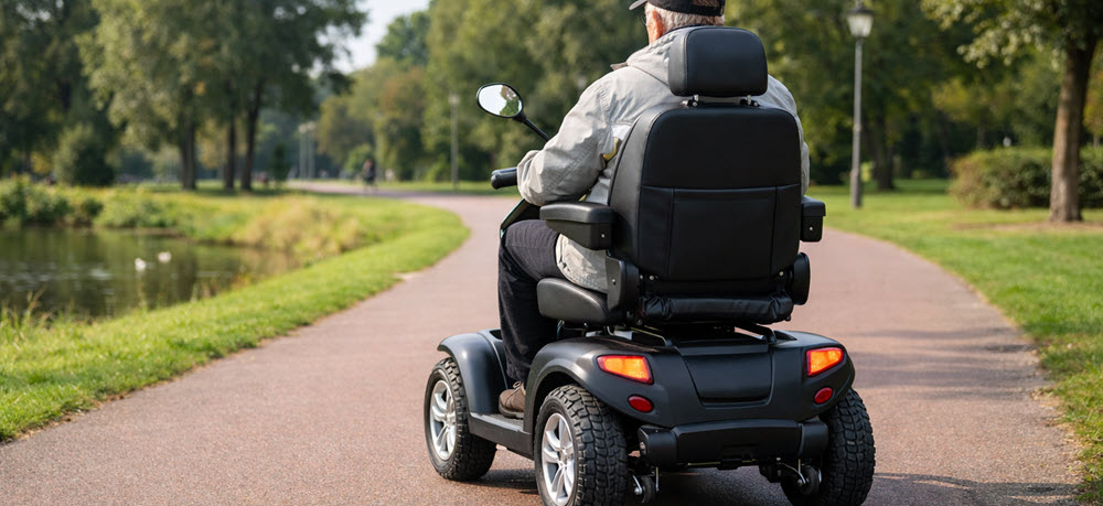 Grote 4-wiel scootmobiel op Nederlands fietspad voor comfort en stabiliteit