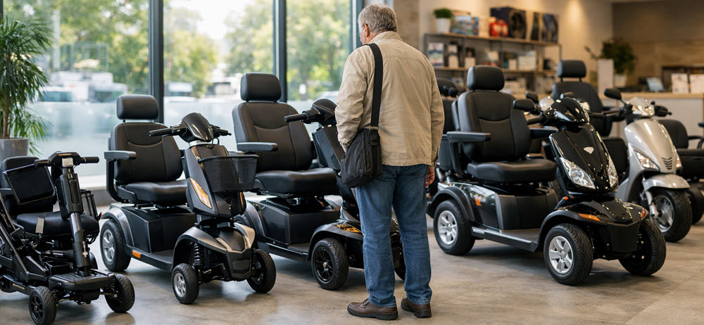 Overzicht van verschillende scootmobiel merken en modellen in een showroom, 3-wiel en 4-wiel