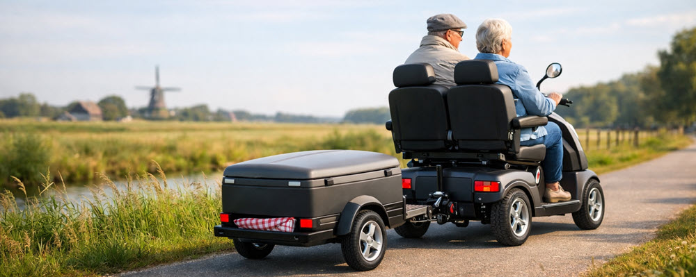 For Motion duo scootmobiel met trekhaak die een fietskar trekt op een Nederlands fietspad